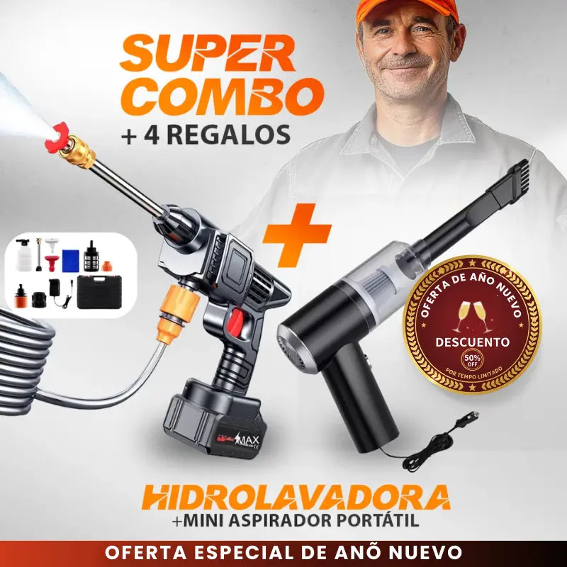 Hidrolavadora Portátil Recargable 2 Baterías + Aspiradora Vacum 3 en 1 TurboJet™